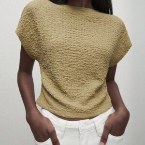 BizChic T-shirt casual à manches courtes avec encolure ronde unie vert et taille froncée pour femmes