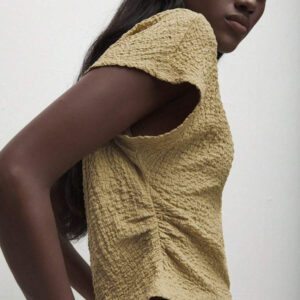 BizChic T-shirt casual à manches courtes avec encolure ronde unie vert et taille froncée pour femmes