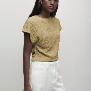 BizChic T-shirt casual à manches courtes avec encolure ronde unie vert et taille froncée pour femmes