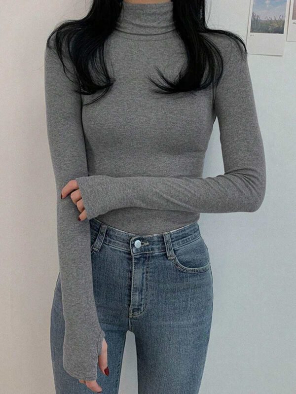 DAZY T-shirt slim à col roulé manches longues en couleur unie décontracté pour femme, automne – Image 3