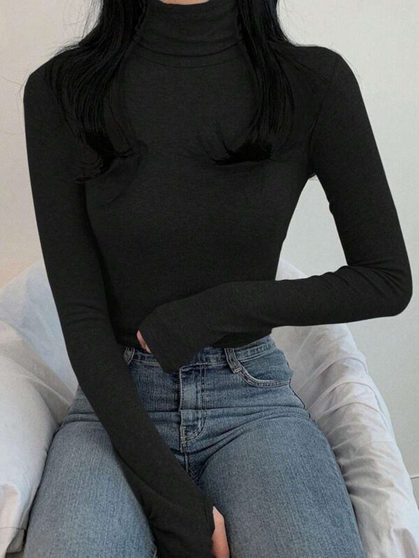 DAZY T-shirt slim à col roulé manches longues en couleur unie décontracté pour femme, automne – Image 19