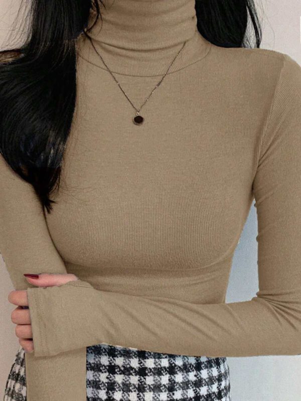 DAZY T-shirt slim à col roulé manches longues en couleur unie décontracté pour femme, automne – Image 26