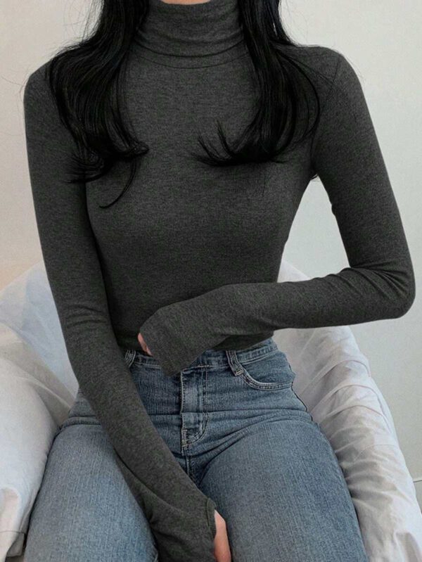 DAZY T-shirt slim à col roulé manches longues en couleur unie décontracté pour femme, automne – Image 60