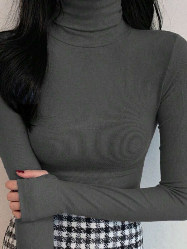 DAZY T-shirt slim à col roulé manches longues en couleur unie décontracté pour femme, automne – Image 67
