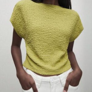 BizChic T-shirt casual à manches courtes avec encolure ronde unie vert et taille froncée pour femmes