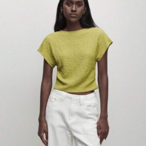 BizChic T-shirt casual à manches courtes avec encolure ronde unie vert et taille froncée pour femmes