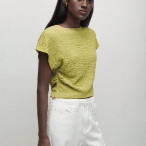 BizChic T-shirt casual à manches courtes avec encolure ronde unie vert et taille froncée pour femmes