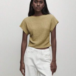 BizChic T-shirt casual à manches courtes avec encolure ronde unie vert et taille froncée pour femmes
