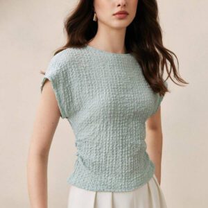 BizChic T-shirt casual à manches courtes avec encolure ronde unie vert et taille froncée pour femmes