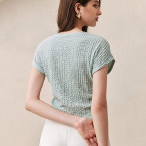 BizChic T-shirt casual à manches courtes avec encolure ronde unie vert et taille froncée pour femmes