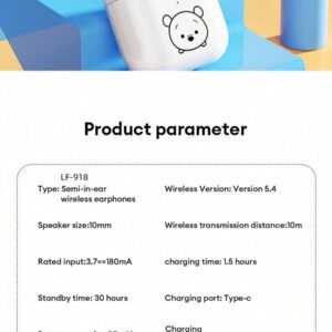 Disney Écouteurs Bluetooth Disney LF-918 Angel, annulation passive du bruit, son HIFI à semi-intra-auriculaire, appel clair avec micro, longue durée de vie de la batterie, écouteurs sans fil pour sports, musique et jeux, compatibles avec smartphones et tablettes