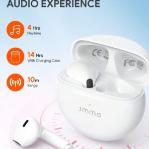 JMMO Écouteurs sans fil avec un son premium, appariement automatique 5.3, écouteurs avec 14h d'autonomie, légers, étanches IPX4, casque sans fil avec microphone compatible avec iPhone, Android, jeux, enceinte, microphone, cadeau de Noël, indispensables pour le camping, les vacances d'automne et d'hiver