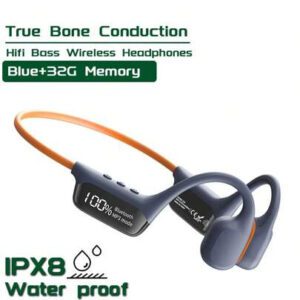 VAORLO Casque à conduction osseuse Bluetooth 5.4 Musique stéréo lourde à basses profondes Casque sans fil étanche IPX8 Natation Plongée en apnée Véritable casque à conduction osseuse intégré (32G) Lecteur MP3 de mémoire HiFi Stéréo Crochet d'oreille Écouteurs avec microphone affichage numérique LED Écouteurs de sport Été Natation et fitness Essentiels Compatibles avec tous les smartphones