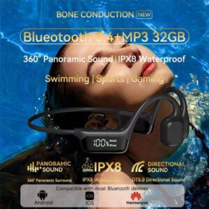 VAORLO Casque à conduction osseuse Bluetooth 5.4 Musique stéréo lourde à basses profondes Casque sans fil étanche IPX8 Natation Plongée en apnée Véritable casque à conduction osseuse intégré (32G) Lecteur MP3 de mémoire HiFi Stéréo Crochet d'oreille Écouteurs avec microphone affichage numérique LED Écouteurs de sport Été Natation et fitness Essentiels Compatibles avec tous les smartphones
