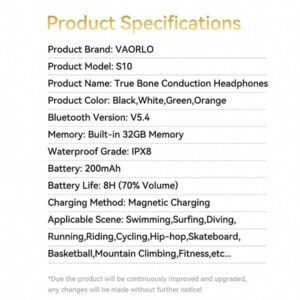 VAORLO Casque à conduction osseuse Bluetooth 5.4 Musique stéréo lourde à basses profondes Casque sans fil étanche IPX8 Natation Plongée en apnée Véritable casque à conduction osseuse intégré (32G) Lecteur MP3 de mémoire HiFi Stéréo Crochet d'oreille Écouteurs avec microphone affichage numérique LED Écouteurs de sport Été Natation et fitness Essentiels Compatibles avec tous les smartphones