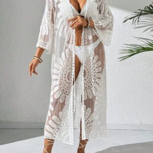 Swim Lushoire Kimono transparent à tulle brodé à nœud