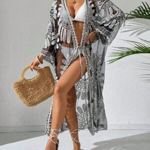 Swim Lushoire Kimono transparent à tulle brodé à nœud