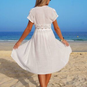 Swim Lushoire Robe ample mi-longue pour femmes avec manches papillon, patchwork, ourlet en dentelle et taille élastiquée. Peut aussi servir de cache-maillot de plage
