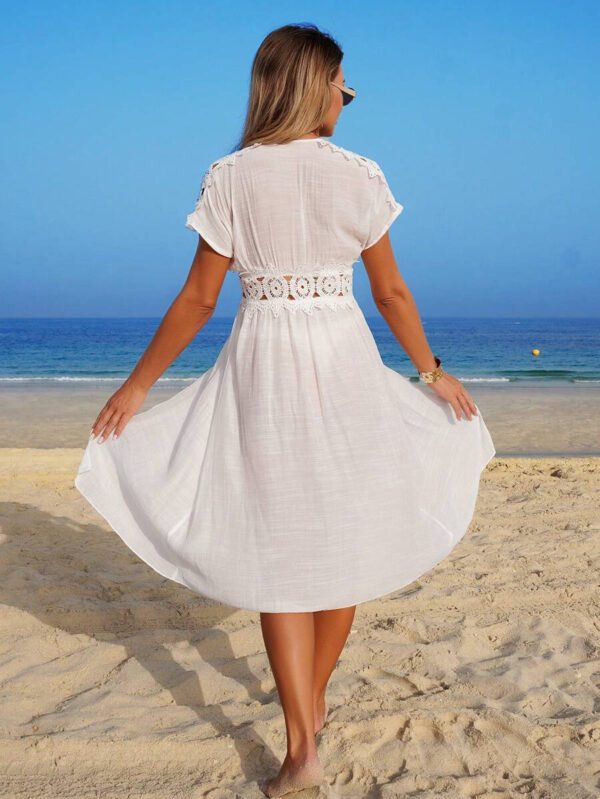 Swim Lushoire Robe ample mi-longue pour femmes avec manches papillon, patchwork, ourlet en dentelle et taille élastiquée. Peut aussi servir de cache-maillot de plage – Image 3