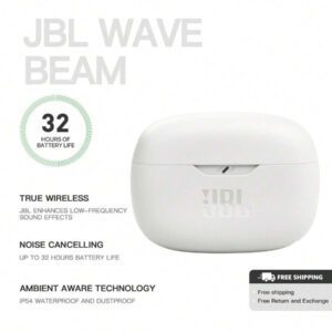 JBL Écouteurs Bluetooth sans fil WAVE BEAM, intra-auriculaires avec micro, réduction de bruit, mode d'Awareness, étanche à la transpiration et à la poussière, compatible avec iOS et Android - Blanc