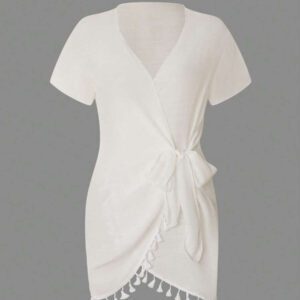 Swim Vcay Nouvelle robe de plage d'été avec décorations à franges et ceinture à nouer. Robe transparente décontractée à manches courtes pour vacances, pour femmes
