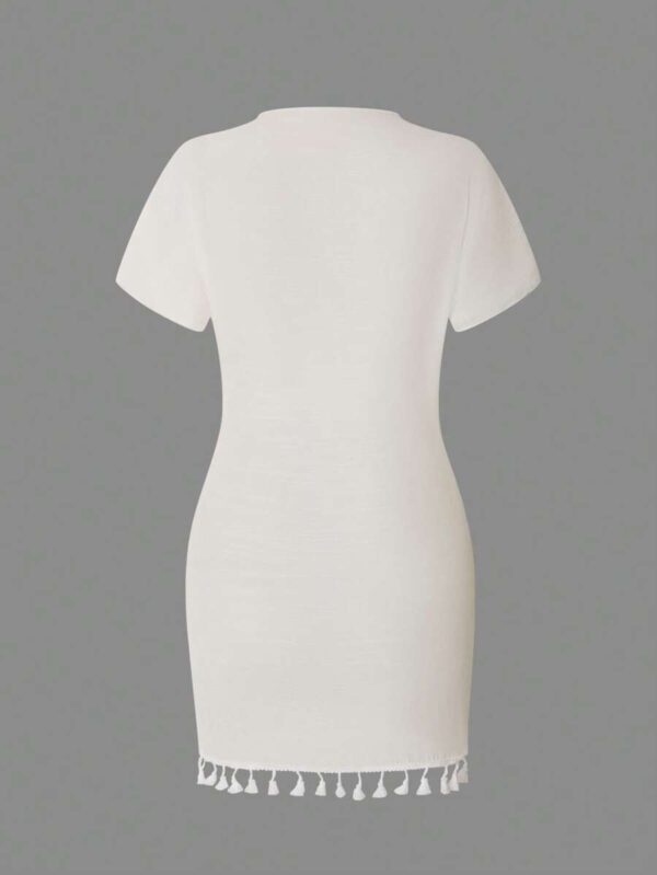 Swim Vcay Nouvelle robe de plage d'été avec décorations à franges et ceinture à nouer. Robe transparente décontractée à manches courtes pour vacances, pour femmes – Image 6