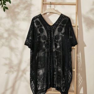Swim Lushoire Top ample kimono à manches chauve-souris col en V en dentelle florale pour femmes
