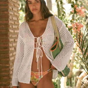 Swim Vcay Kimono femme de couleur unie avec découpes ajourées en tricot, idéal pour la plage et les voyages