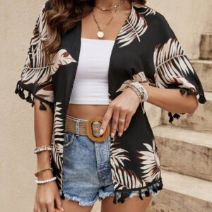 Swim Vcay Kimono d'été avec imprimé tropical et garniture à franges