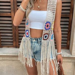 Kimono de plage élégant pour femmes en crochet patchwork avec franges (couleur de bloc floral aléatoire)