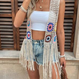Kimono de plage élégant pour femmes en crochet patchwork avec franges (couleur de bloc floral aléatoire)