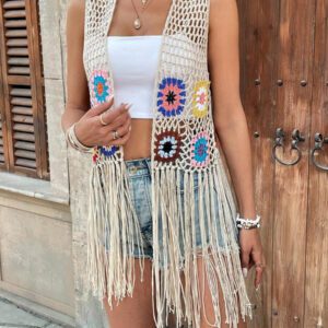 Kimono de plage élégant pour femmes en crochet patchwork avec franges (couleur de bloc floral aléatoire)