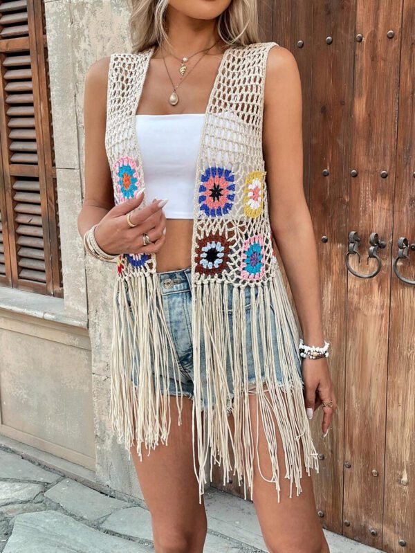 Kimono de plage élégant pour femmes en crochet patchwork avec franges (couleur de bloc floral aléatoire) – Image 5