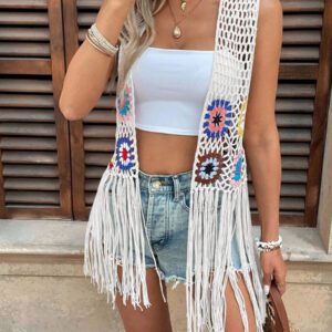 Kimono de plage élégant pour femmes en crochet patchwork avec franges (couleur de bloc floral aléatoire)