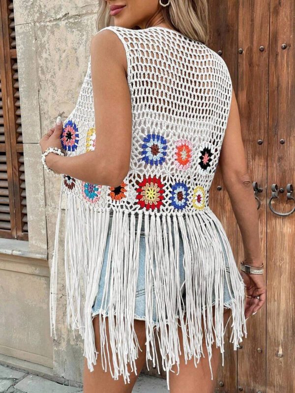 Kimono de plage élégant pour femmes en crochet patchwork avec franges (couleur de bloc floral aléatoire) – Image 8