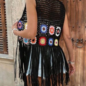 Kimono de plage élégant pour femmes en crochet patchwork avec franges (couleur de bloc floral aléatoire)