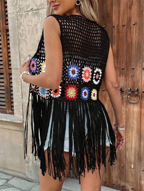 Kimono de plage élégant pour femmes en crochet patchwork avec franges (couleur de bloc floral aléatoire) – Image 12