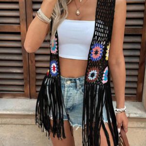 Kimono de plage élégant pour femmes en crochet patchwork avec franges (couleur de bloc floral aléatoire)