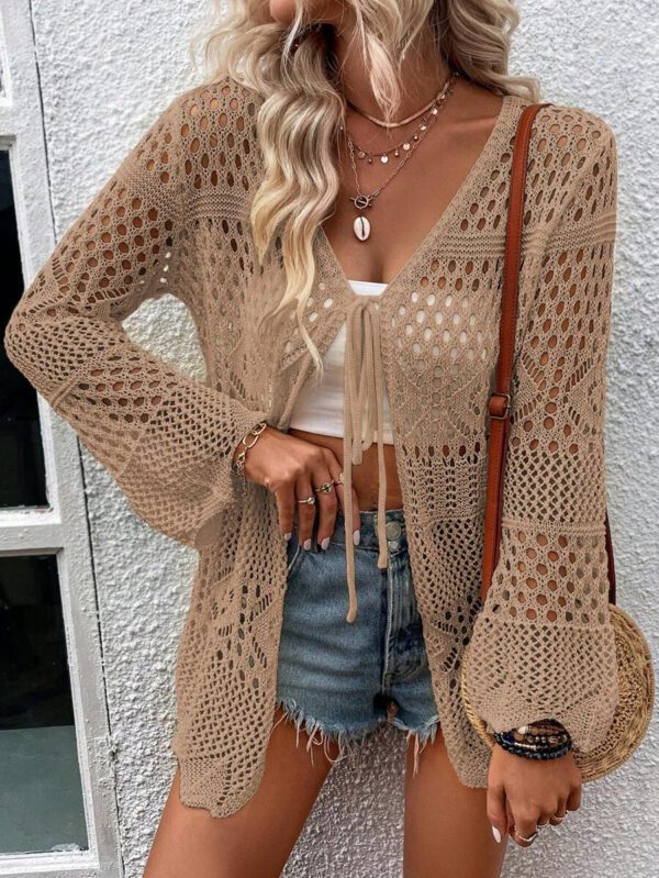 Breezaya Kimono couvrant col en V transparent à manches longues avec nœud, couleur unie – Image 2