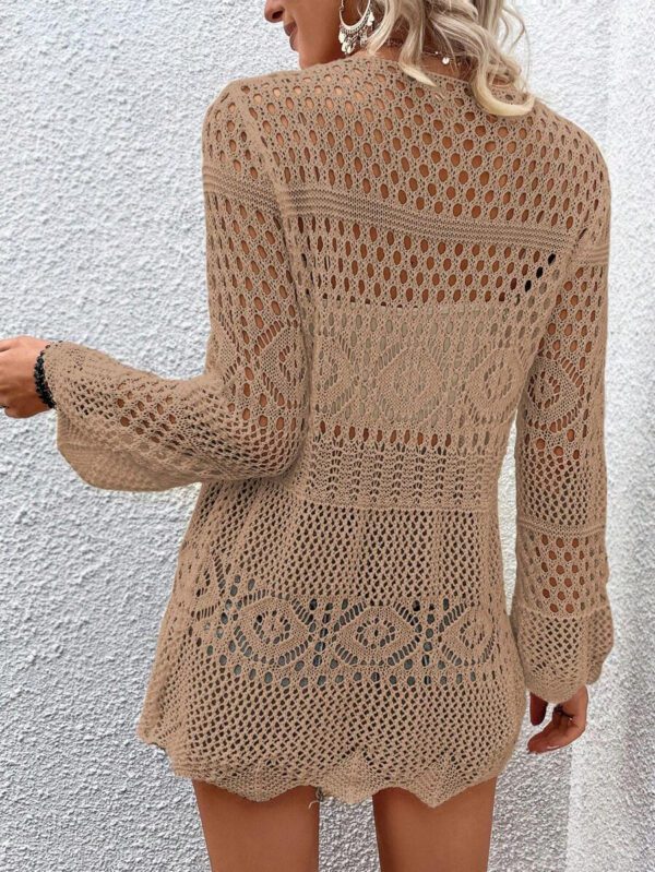Breezaya Kimono couvrant col en V transparent à manches longues avec nœud, couleur unie – Image 3