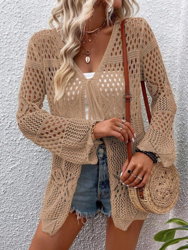 Breezaya Kimono couvrant col en V transparent à manches longues avec nœud, couleur unie – Image 6