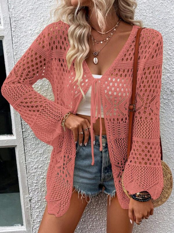 Breezaya Kimono couvrant col en V transparent à manches longues avec nœud, couleur unie – Image 8