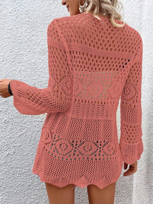 Breezaya Kimono couvrant col en V transparent à manches longues avec nœud, couleur unie – Image 9