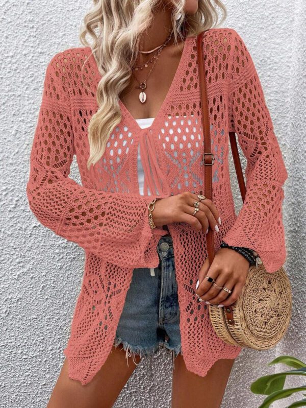 Breezaya Kimono couvrant col en V transparent à manches longues avec nœud, couleur unie – Image 11