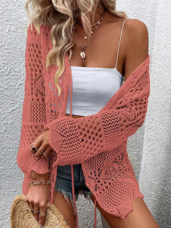 Breezaya Kimono couvrant col en V transparent à manches longues avec nœud, couleur unie – Image 12