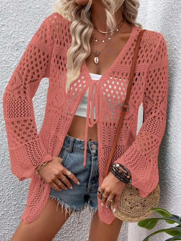 Breezaya Kimono couvrant col en V transparent à manches longues avec nœud, couleur unie – Image 13