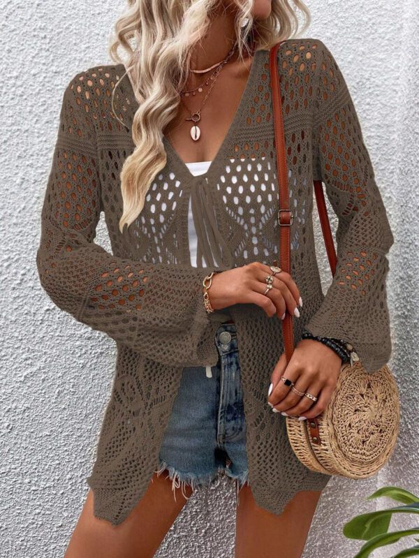 Breezaya Kimono couvrant col en V transparent à manches longues avec nœud, couleur unie – Image 16