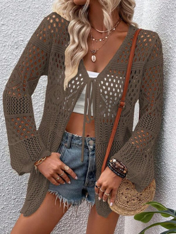 Breezaya Kimono couvrant col en V transparent à manches longues avec nœud, couleur unie – Image 17