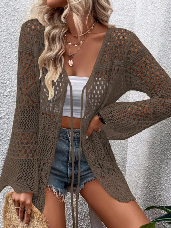 Breezaya Kimono couvrant col en V transparent à manches longues avec nœud, couleur unie – Image 18