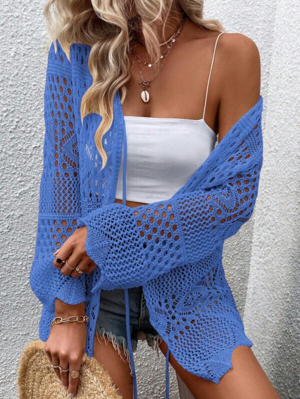 Breezaya Kimono couvrant col en V transparent à manches longues avec nœud, couleur unie – Image 22